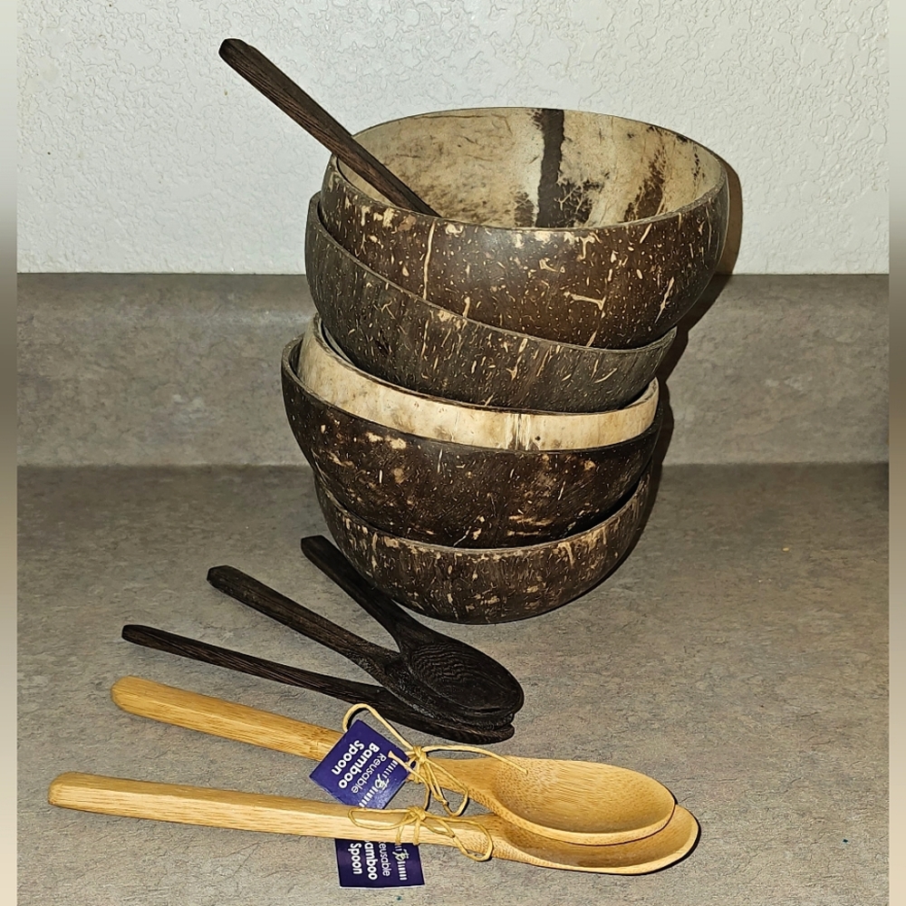 Coconut Bowls & Bamboo Spoons Set